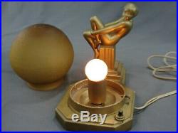 Antique Art Deco Frankart Nuart Gold Nude on Pedestal Lamp Amber Globe Shade