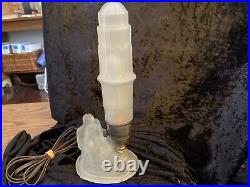Antique Art Deco Frosted Glass Boudoir Lamp withOriginal Shade Embracing Couple