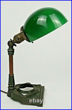 Antique Art Deco Green Cased Glass Shade Cast Iron Desk Lamp Emeralite Style