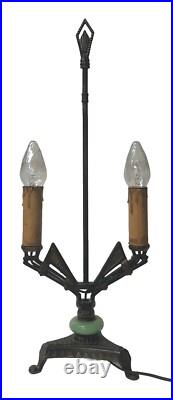 Antique Art Deco Green Jadeite Cast Iron Two Arm Candelabra Table Accent Lamp