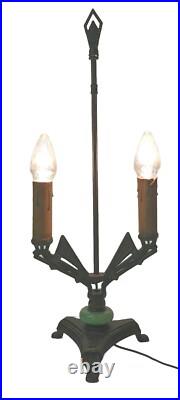 Antique Art Deco Green Jadeite Cast Iron Two Arm Candelabra Table Accent Lamp