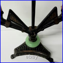 Antique Art Deco Green Jadeite Cast Iron Two Arm Candelabra Table Accent Lamp
