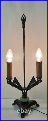 Antique Art Deco Green Jadeite Cast Iron Two Arm Candelabra Table Accent Lamp