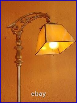 Antique Art Deco Iron Floor Lamp with antique Slag glass Shade & New Wiring