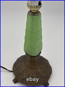 Antique Art Deco Jadeite Glass Table Lamp Brass Base Light 1920's 12 Tall