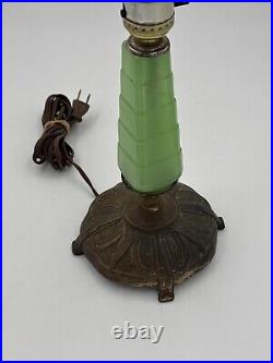 Antique Art Deco Jadeite Glass Table Lamp Brass Base Light 1920's 12 Tall