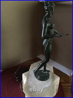 Antique Art Deco Lamp Diana The Huntress On Marble Base