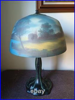 Antique Art Deco Lamp Reverse Painted Shade Signed Moe Bridges Co # 172 C. 1925