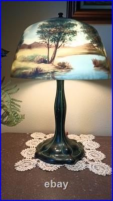 Antique Art Deco Lamp Reverse Painted Shade Signed Moe Bridges Co # 172 C. 1925