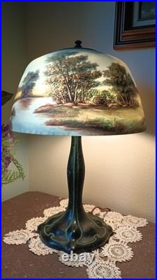 Antique Art Deco Lamp Reverse Painted Shade Signed Moe Bridges Co # 172 C. 1925
