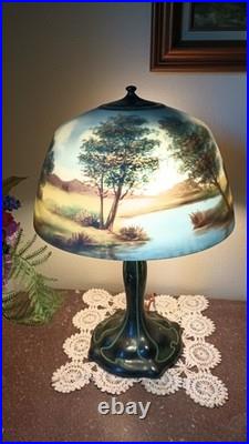 Antique Art Deco Lamp Reverse Painted Shade Signed Moe Bridges Co # 172 C. 1925