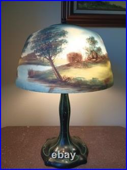 Antique Art Deco Lamp Reverse Painted Shade Signed Moe Bridges Co # 172 C. 1925