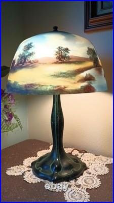 Antique Art Deco Lamp Reverse Painted Shade Signed Moe Bridges Co # 172 C. 1925