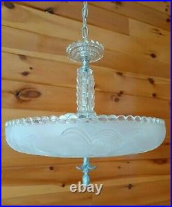Antique Art Deco Large Heavy Glass & Chrome Chandelier Ceiling Light/lamp