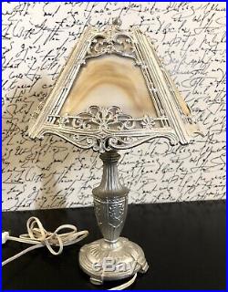 Antique Art Deco Leviton Silver Tone Slag Glass Small Decorative Table Lamp