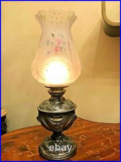 Antique Art Deco Metal German Kerosene Oil Lamp AMAZING GLASS SHADE Height 51 cm