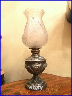 Antique Art Deco Metal German Kerosene Oil Lamp AMAZING GLASS SHADE Height 51 cm