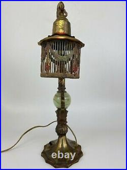 Antique Art Deco Metal Slag Glass Cold Painted Parrot Cage Boudoir Figural Lamp