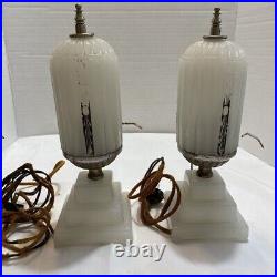 Antique Art Deco Milk Glass Lamps Bullet Boudoir Vanity Skyscraper 1930's