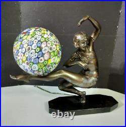 Antique Art Deco Millefiori Ball Bronzed Dancer Lamp, 11.5 x 14 inches