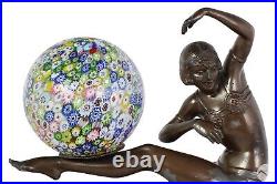 Antique Art Deco Millefiori Ball Bronzed Dancer Lamp, 11.5 x 14 inches