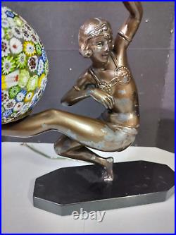 Antique Art Deco Millefiori Ball Bronzed Dancer Lamp, 11.5 x 14 inches