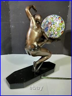 Antique Art Deco Millefiori Ball Bronzed Dancer Lamp, 11.5 x 14 inches