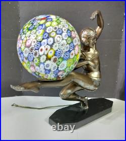 Antique Art Deco Millefiori Ball Bronzed Dancer Lamp, 11.5 x 14 inches