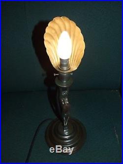 Antique Art Deco Nickel Plated Diana Nude Lady Lamp With Shade Rare 1930's