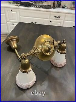 Antique Art Deco Nouveau Brass Bryant Ceiling Fixture Chandelier Drop Light Lamp