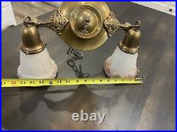 Antique Art Deco Nouveau Brass Bryant Ceiling Fixture Chandelier Drop Light Lamp