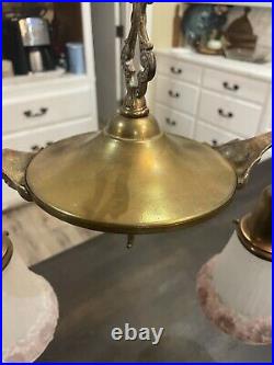 Antique Art Deco Nouveau Brass Bryant Ceiling Fixture Chandelier Drop Light Lamp