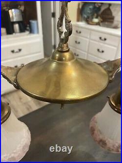 Antique Art Deco Nouveau Brass Bryant Ceiling Fixture Chandelier Drop Light Lamp