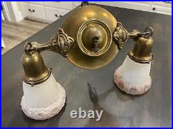 Antique Art Deco Nouveau Brass Bryant Ceiling Fixture Chandelier Drop Light Lamp