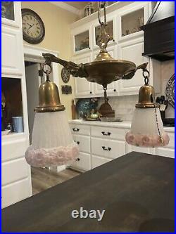 Antique Art Deco Nouveau Brass Bryant Ceiling Fixture Chandelier Drop Light Lamp