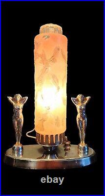 Antique Art Deco Nouveau Chrome Standing Lady Lamp W A Pink Art Deco Glass Shade
