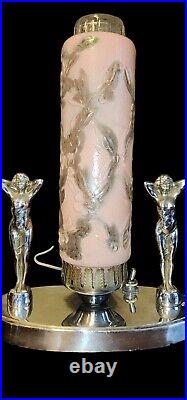 Antique Art Deco Nouveau Chrome Standing Lady Lamp W A Pink Art Deco Glass Shade