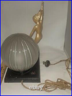 Antique Art Deco Nude Nymph Riding Dolphins Spelter Figural Lady Lamp