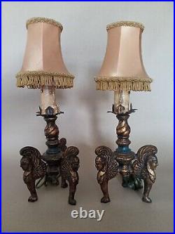 Antique Art Deco Pair of Lamps 3 Figured Legs Original Fringe Shades 1920s