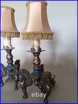 Antique Art Deco Pair of Lamps 3 Figured Legs Original Fringe Shades 1920s