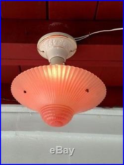 Antique Art Deco Pink Glass Shade 3-Chain Hanging Light Fixture Ceiling Lamp