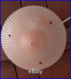 Antique Art Deco Pink Glass Shade 3-Chain Hanging Light Fixture Ceiling Lamp