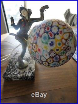 Antique Art Deco Pixie Lady Dancer Statue Lamp Millefiori Sphere Globe Shade