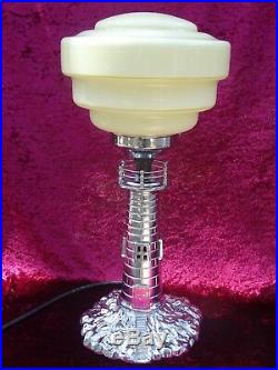Antique Art Deco Rare Chrome Brass Lighthouse Lamp with Glass Shade