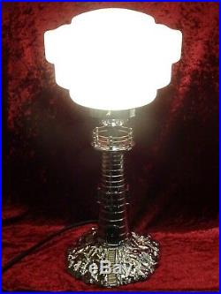Antique Art Deco Rare Chrome Brass Lighthouse Lamp with Glass Shade
