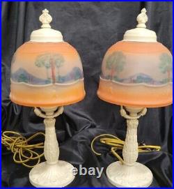 Antique Art Deco Reverse Hand Painted Pair of Matching Boudoir Lamps Beauty 14