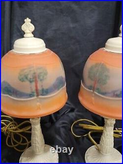 Antique Art Deco Reverse Hand Painted Pair of Matching Boudoir Lamps Beauty 14