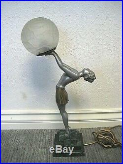 Antique Art Deco Signed Figural Deco Lamp Original Ball Shade Signed