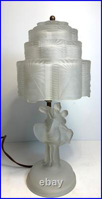 Antique Art Deco Skyscraper Shade Dancing Couple Frosted Glass Lamp 14 in