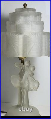 Antique Art Deco Skyscraper Shade Dancing Couple Frosted Glass Lamp 14 in